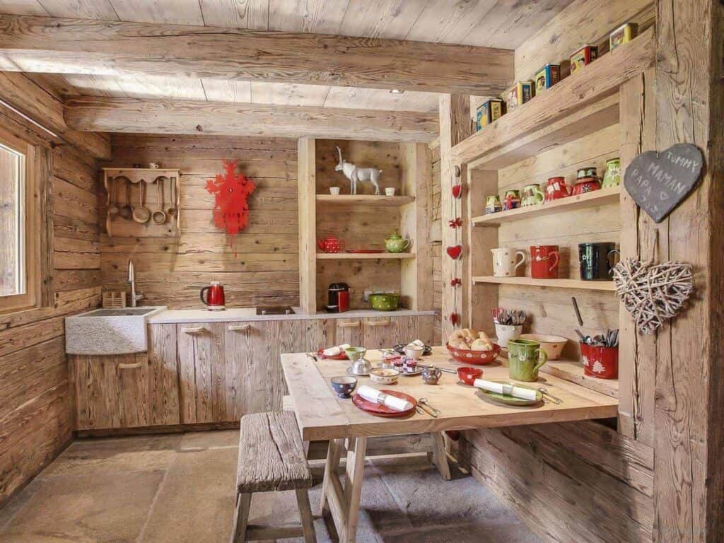 Traditional summer kitchen with drop down table at Chalet Patagonia