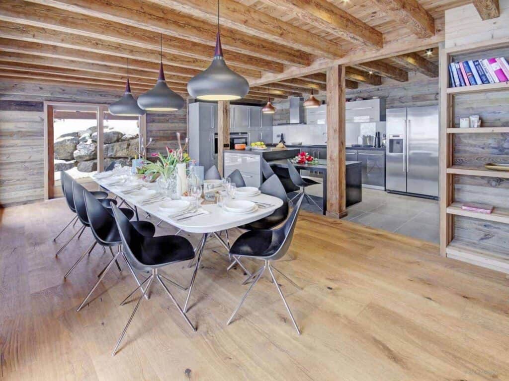 Modern kitchen and dining space at Chalet Snow Chic in Morzine
