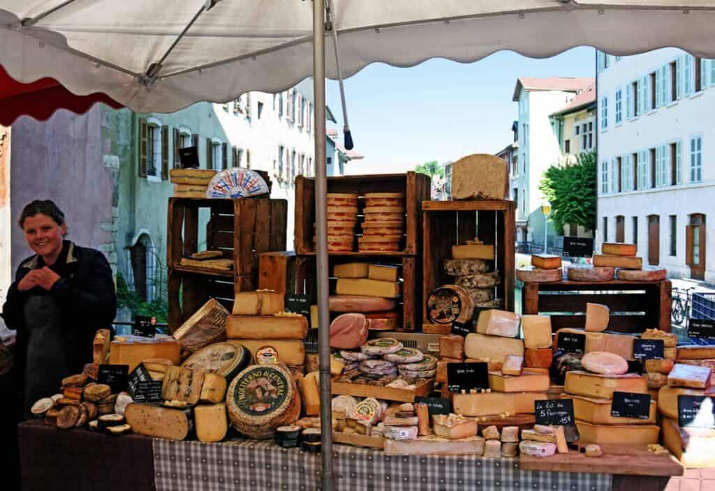 Cheese stall at the Annecy Street Market