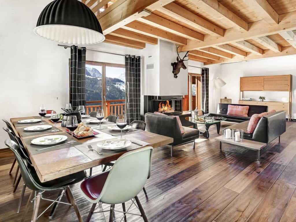  this beautiful mix of a gorgeous wooden floor, leather sofas, warm textiles and carefully selected pieces at Chalet Manoe work together to provide easy, modern living.