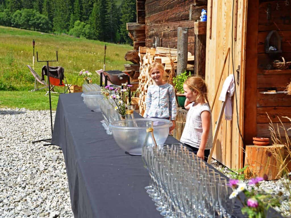 Two young girls at a mountain farm in La Clusaz