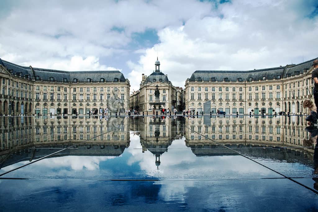 The miroir d'eau reflecting the Place de la Bourse in Bordeaux