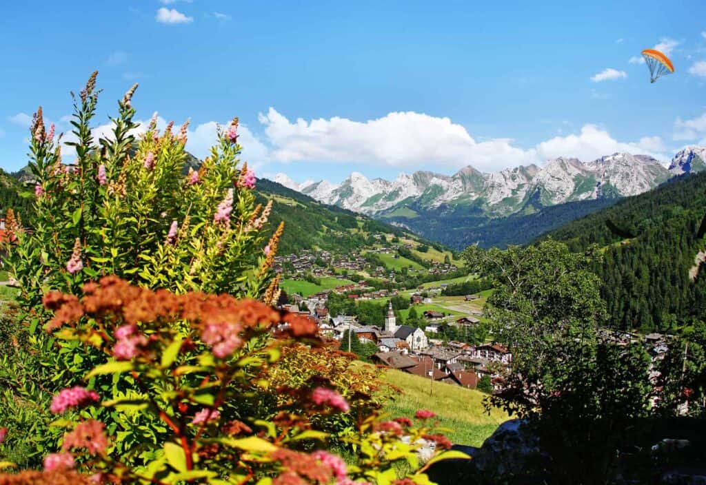 View of Le Grand Bornand from afar with flowers in the foreground