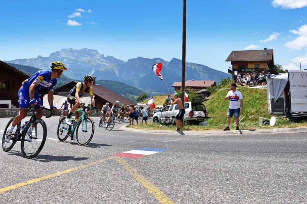 The race leaders as they came through Manigod on the way up to the Col de la Croix Fry - Photo credit: Tim Andrews