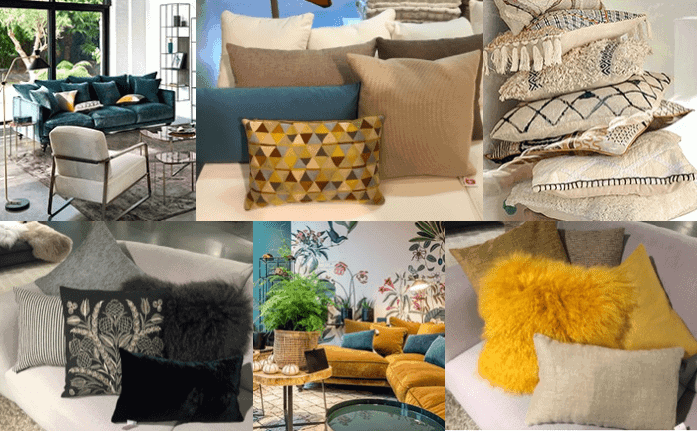 A collage of bright soft furnishings