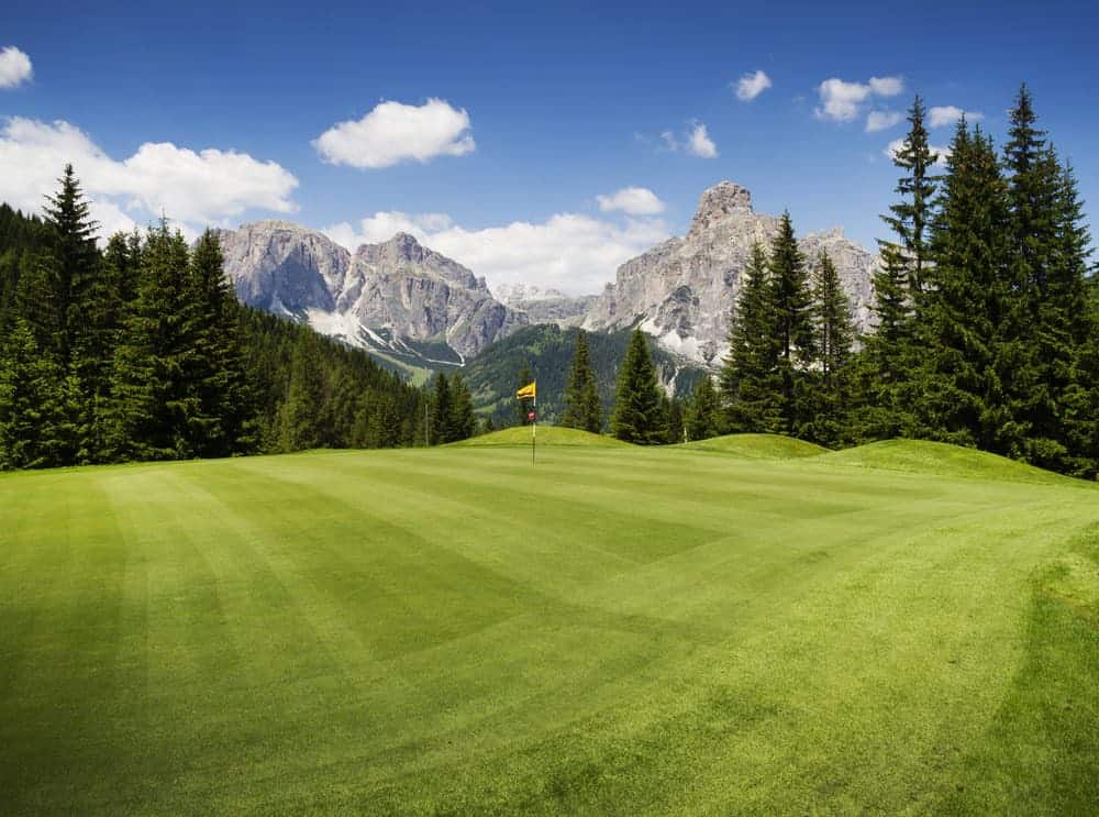 A green at Golf les Gets with mountain views in the background