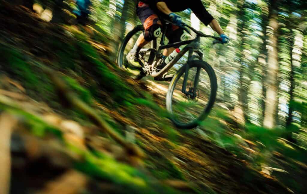 A blurred photo of the bottom half of a mountain biker riding fast through the woods in Valmorel
