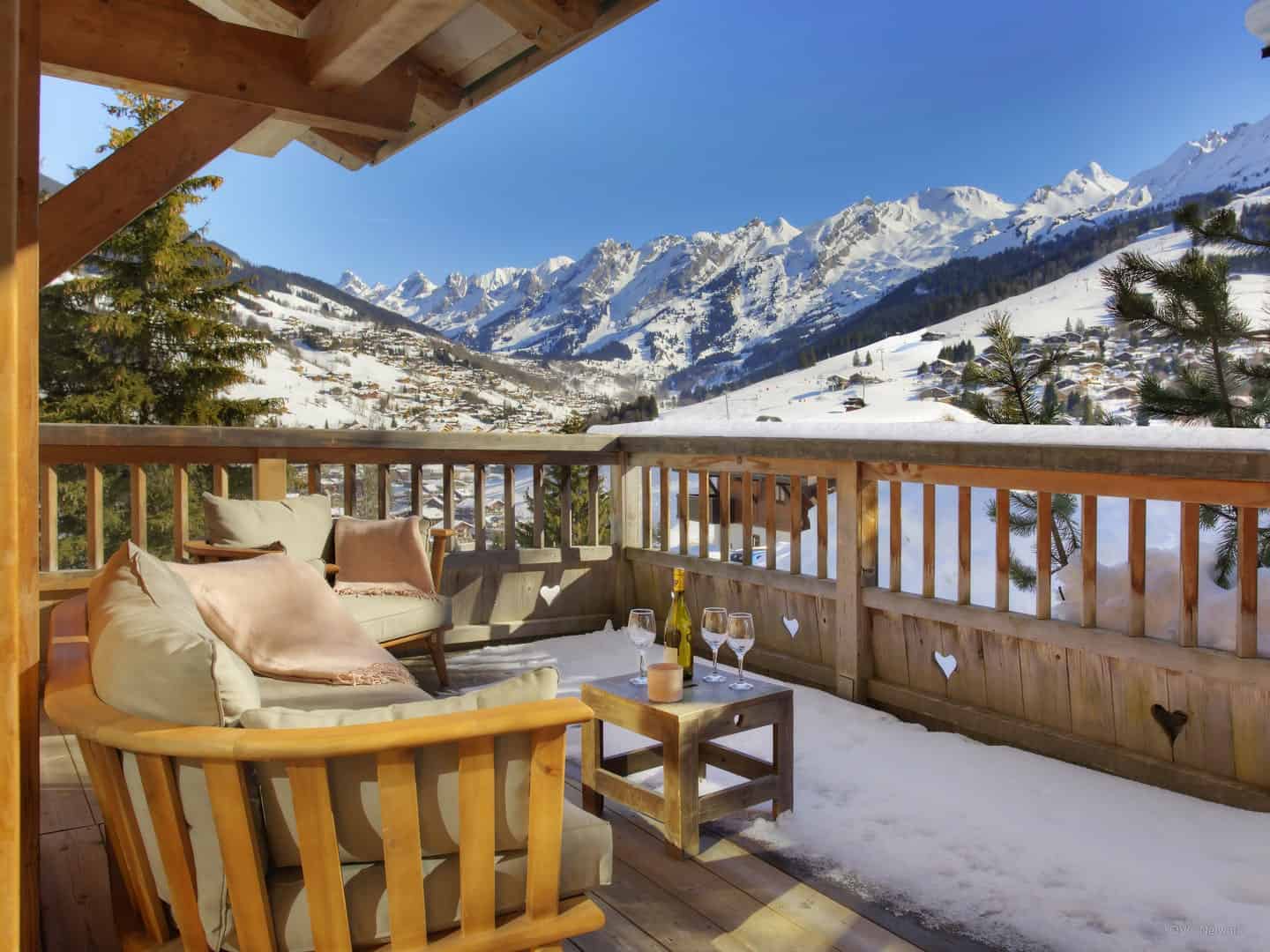 The Aravis chain as seen from the outdoor lounge on the terrace at Chalet Timan La Clusaz.