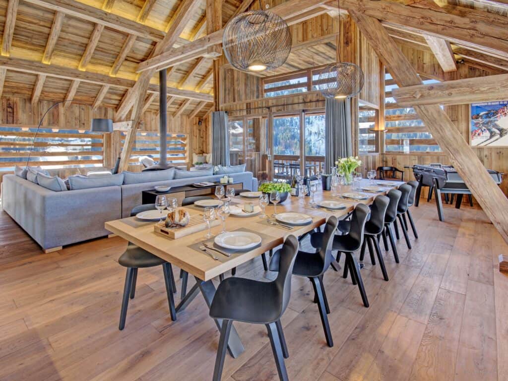 Large open plan luxury dining room in Alpine chalet