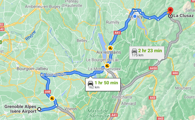 Map showing the route from Grenoble airport to La Clusaz