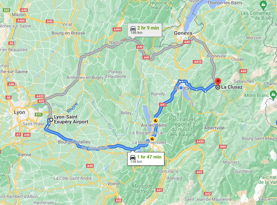 Map showing the route from Lyon airport to La Clusaz