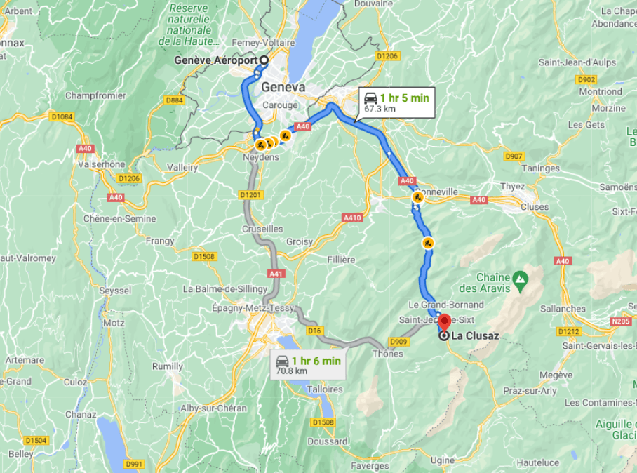 Map showing the route from Geneva airport to La Clusaz