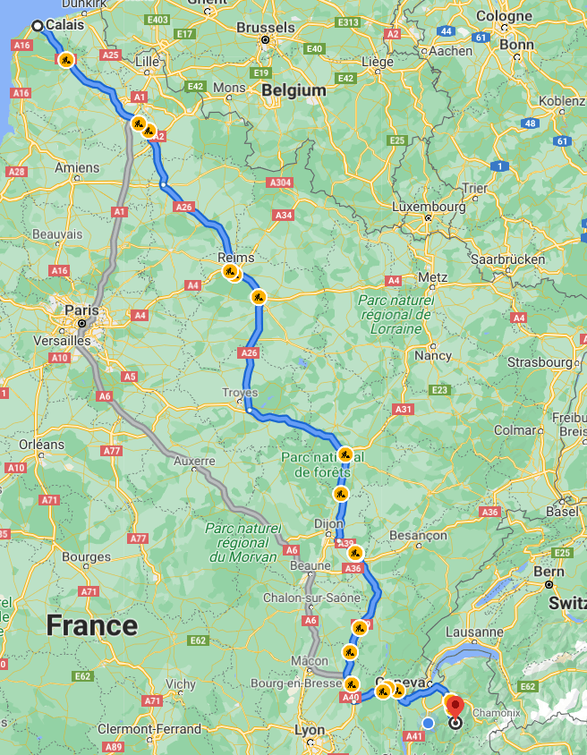 Map showing the route from Calais to La Clusaz