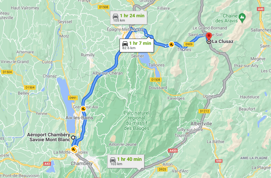 Map showing the route from Chambery airport to La Clusaz