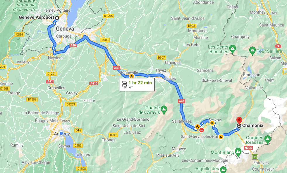 Map of how to get to Chamonix ski resort from Geneva airport by car.