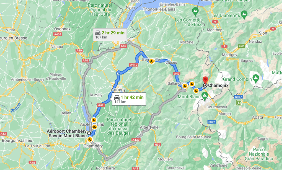 Map of how to get to Chamonix ski resort from Chambery airport by car.