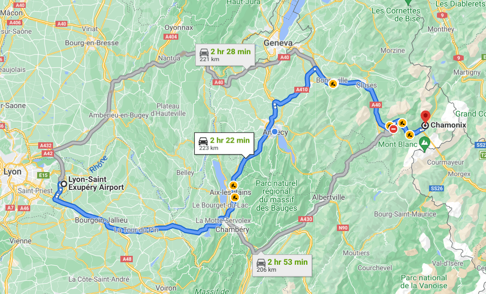 Map of how to get to Chamonix ski resort from Lyon airport by car.