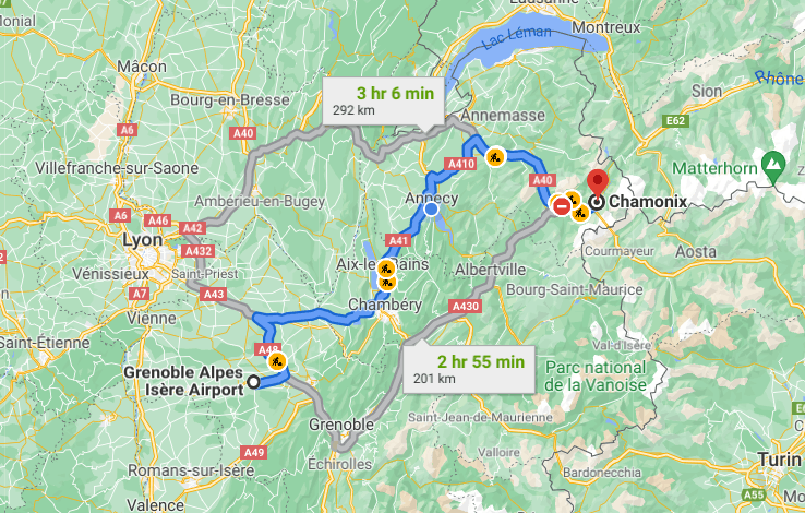 Map of how to get to Chamonix ski resort from Grenoble airport by car.