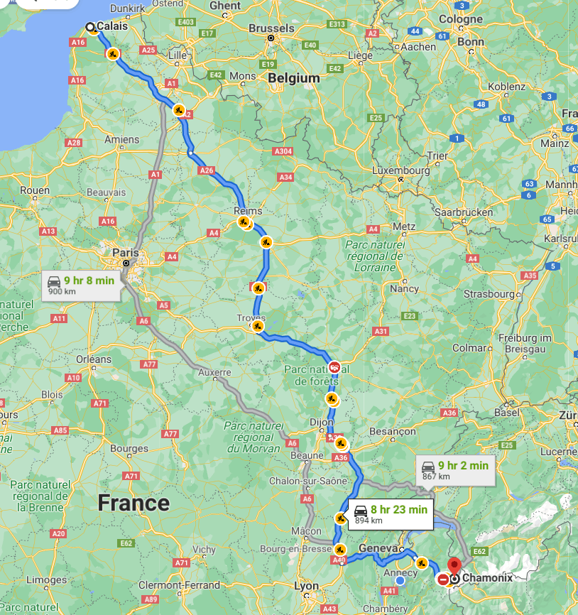 How to get to Chamonix ski resort by car from Calais.