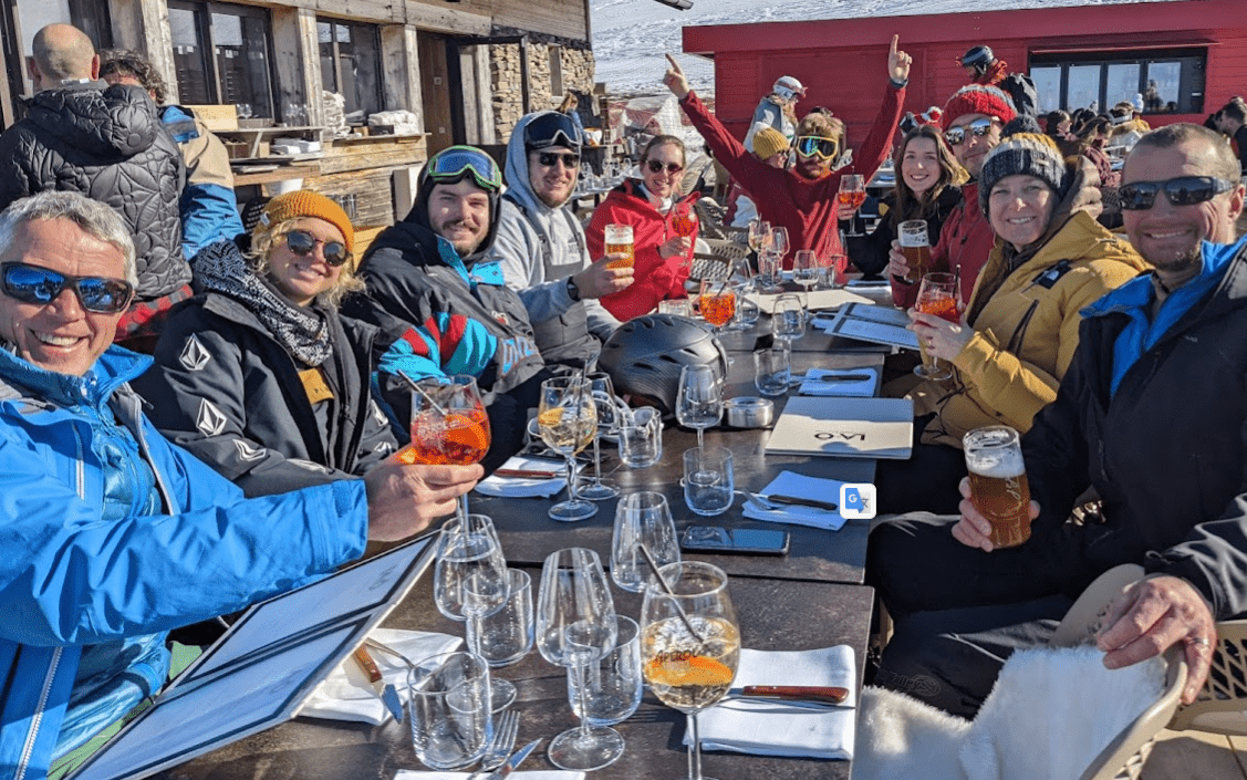 The OVO Network team enjoying lunch on the pistes at La-Ô