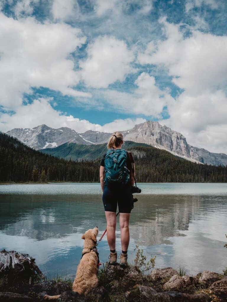A walker stops with her dog at the edge of a mountain lake