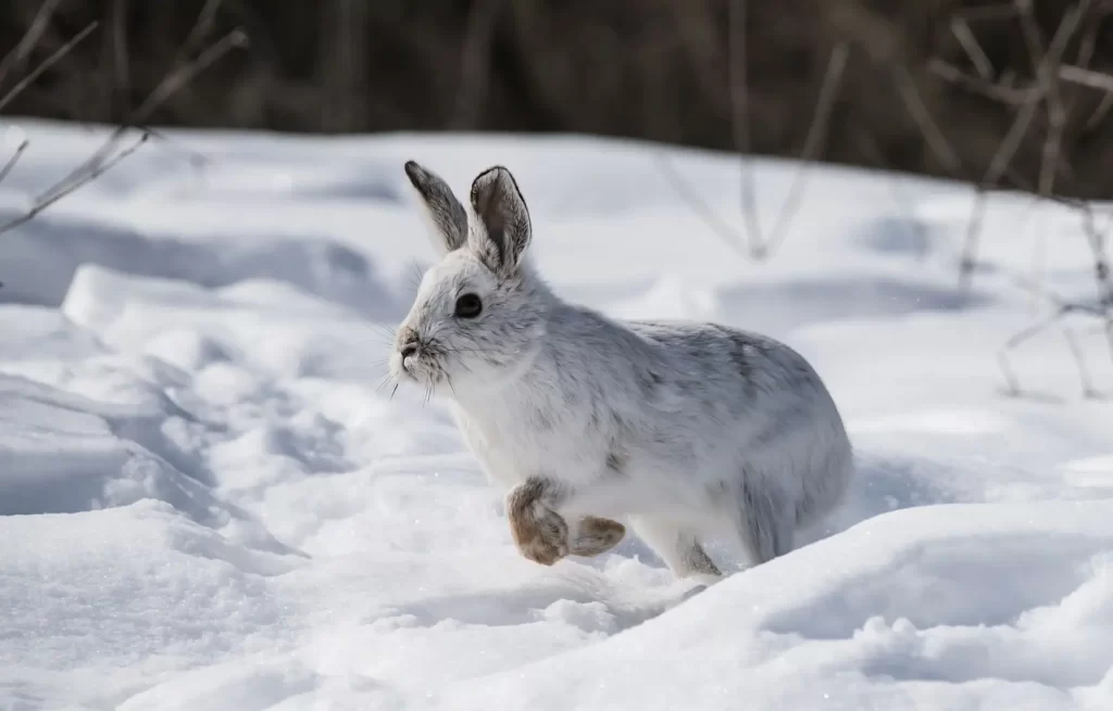 En hiver, le lièvre variable se sert de son pelage blanc pour se fondre dans la neige. 