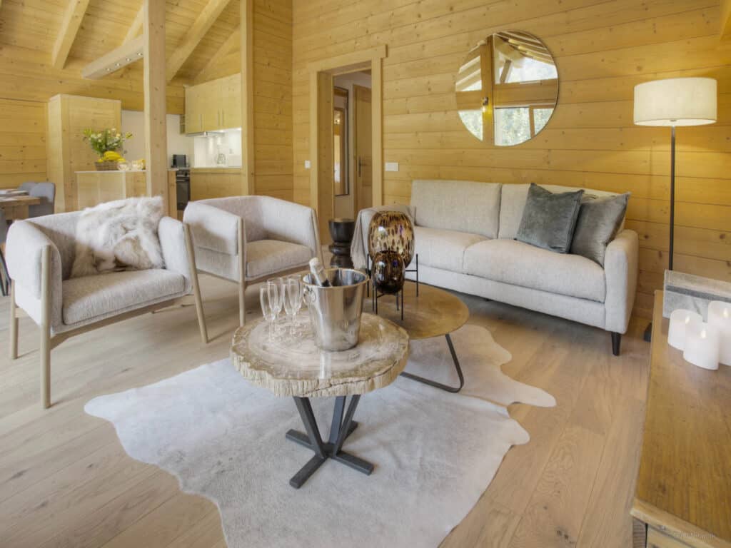 The contemporary Scandinavian style living room at Chalet Dorealp