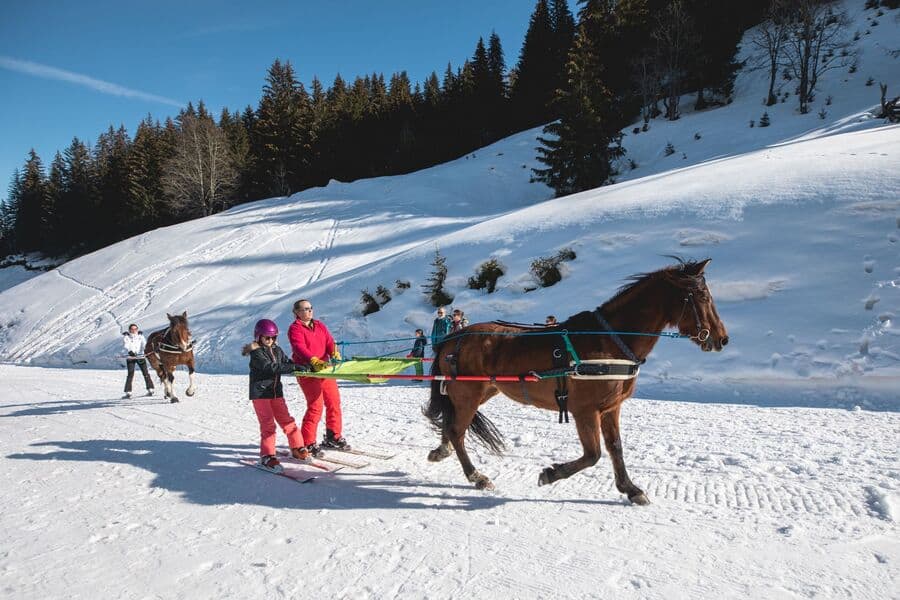 A woman and child enjoying Ski joëring in Les Gets