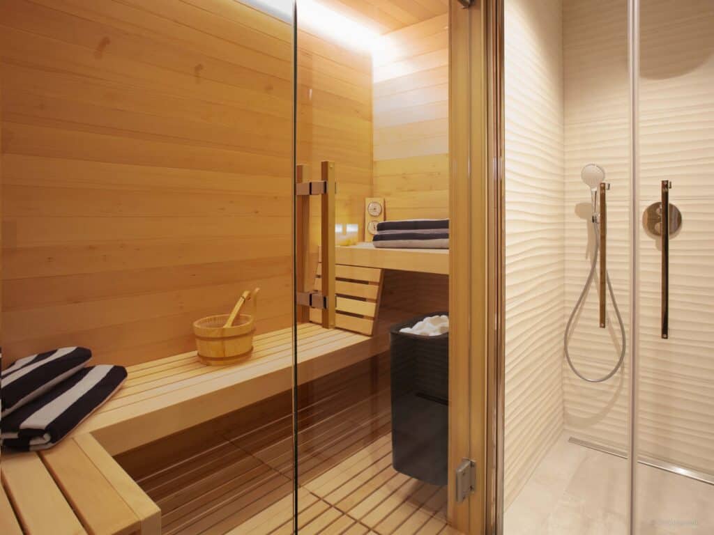 The indoor sauna and shower at Bleu Infini
