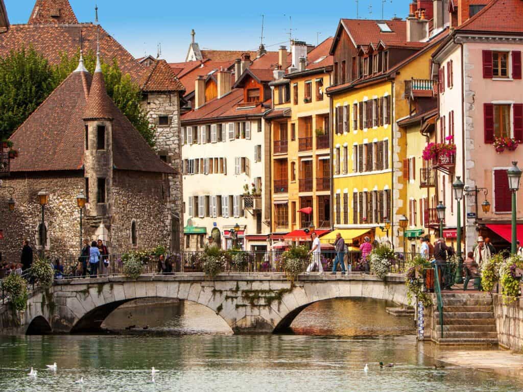 Annecy Old Town canals, colourful buildings and bridge