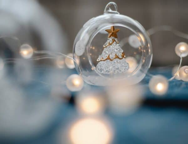 un sapin de Noël dans une boule blanche transparente