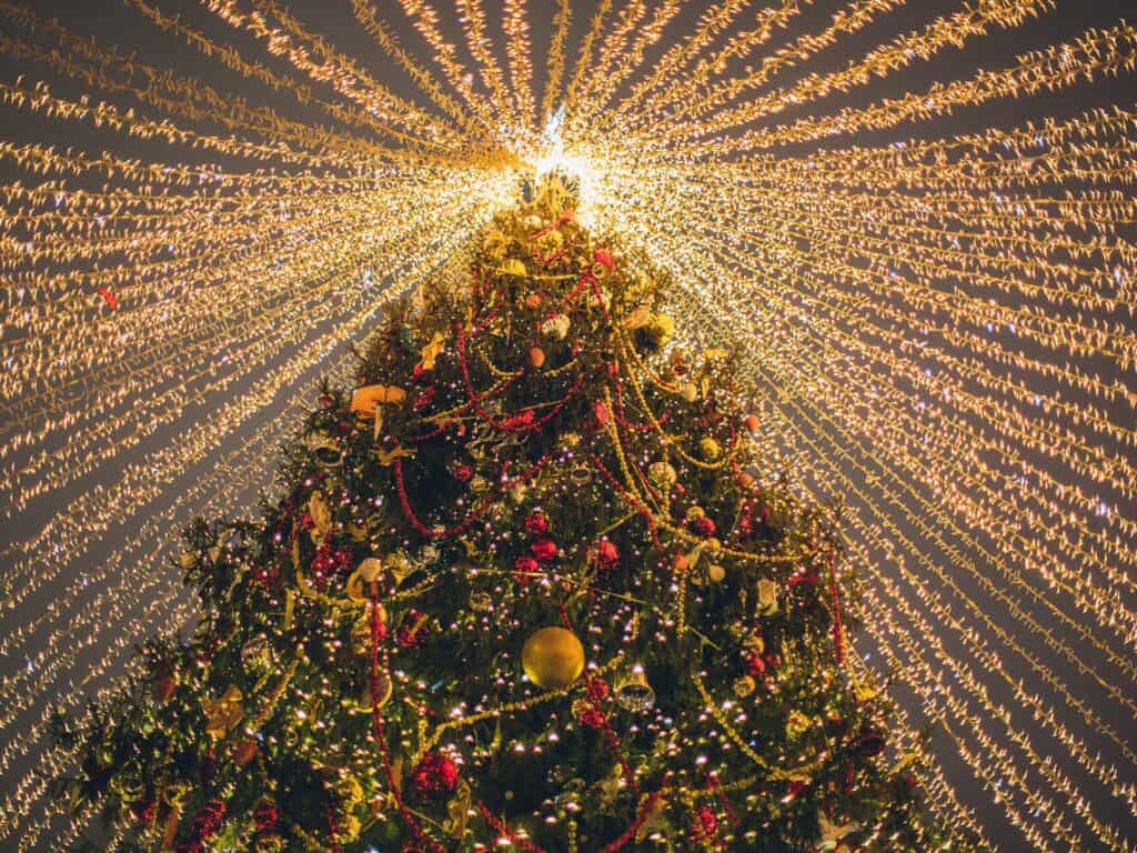 Un sapin de Noël traditionnel, décoré de boules, de guirlandes et de son étoile. 