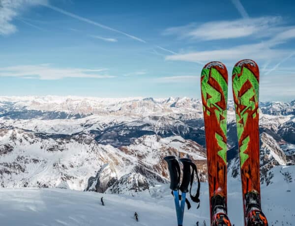 Photo de skis plantés devant un panorama montagnard enneigé