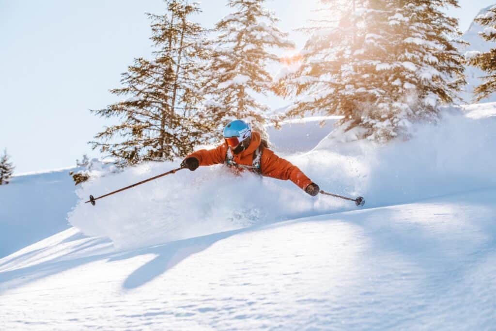 Skieur skiant dans la poudreuse