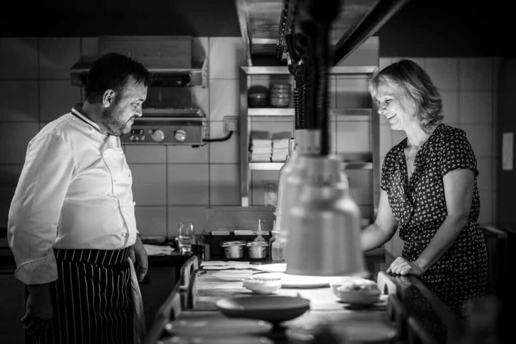 Emmanuel Renaut and his wife Kristine in the kitchen at Flocons de Sel