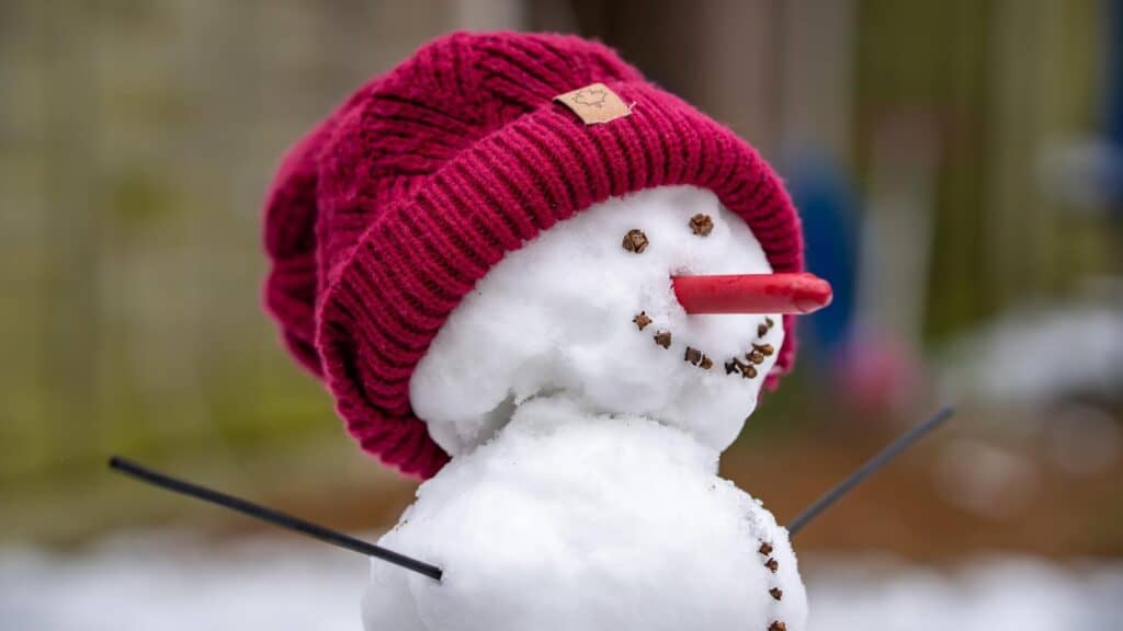 A snowman wearing a red hat in the Alps