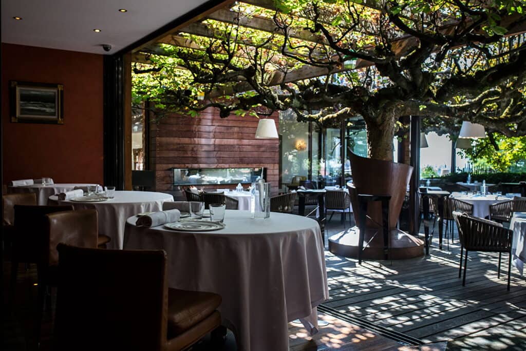 The decor is simple at Le Clos des Sens - here a tree links the outdoor and indoor spaces