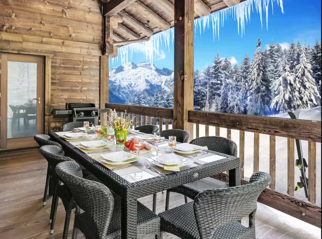 Outdoor dining area with mountain views
