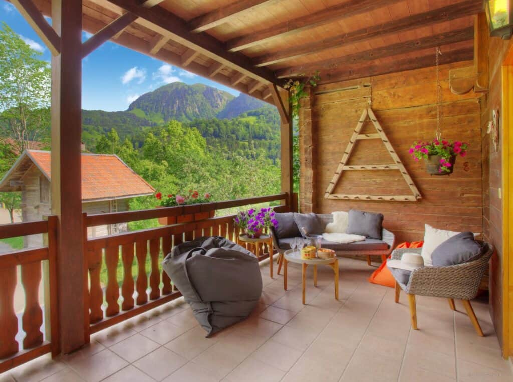 Outdoor seating area overlooking a mountain range