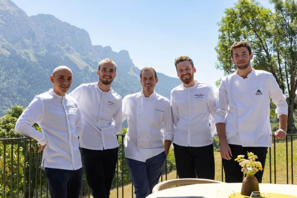 Florian Favario with his team on the terrace of L'Auberge de Montmin