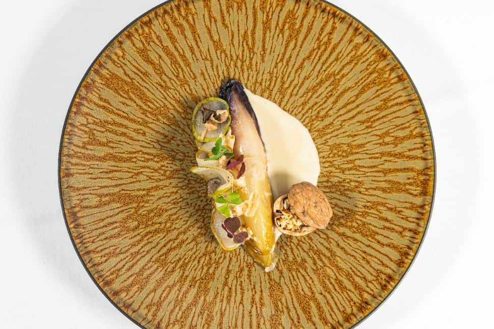 A dish of endive and walnuts served on a modern plate