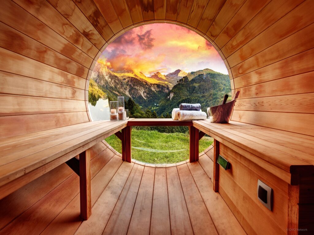A view of the mountains from inside the wooden sauna