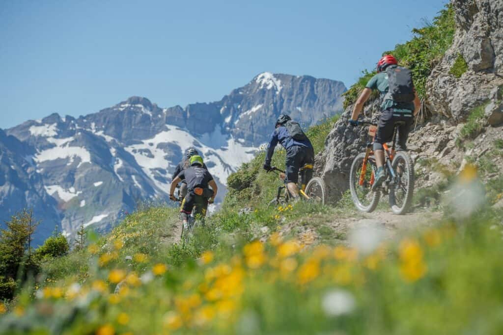 Three people on mountain bikes on an Alpine path