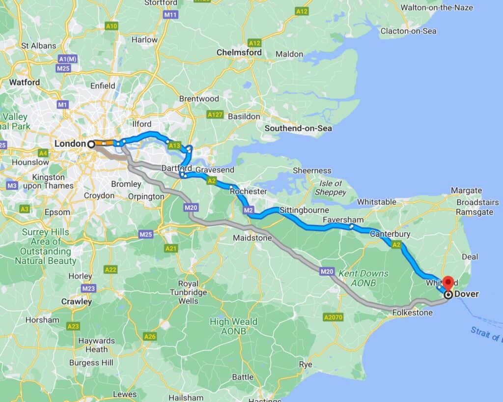 Itinéraire de Londres à Douvres.