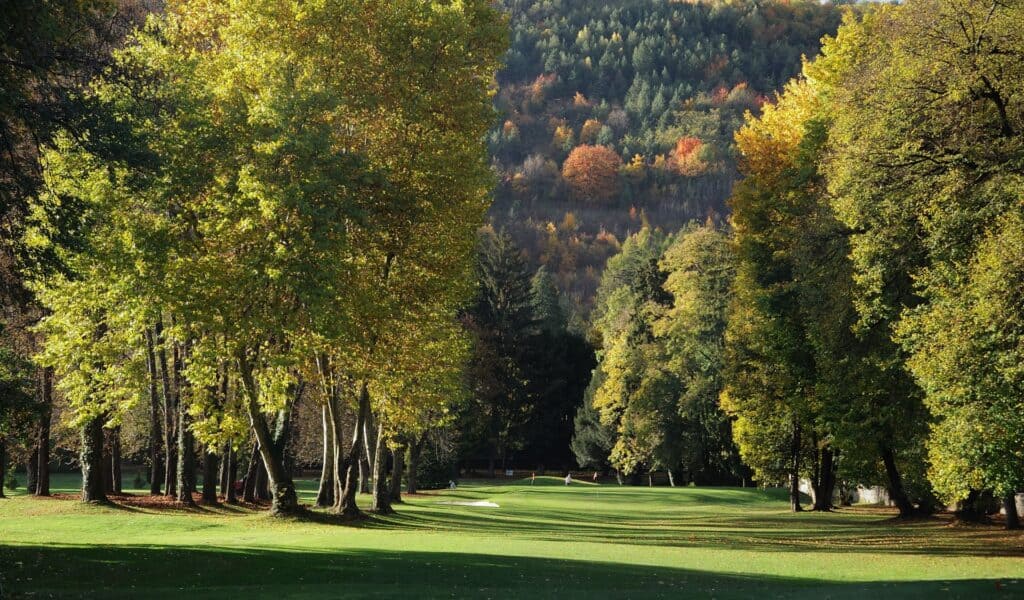 Parcours de golf entouré d'arbres colorés.