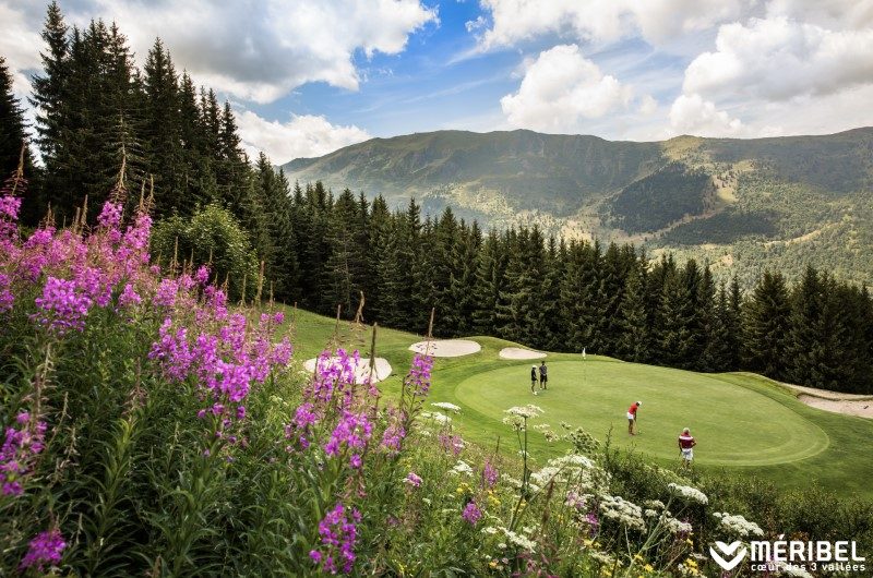 Golfeurs sur un parcours entouré de fleurs, d'arbres et de montagnes.