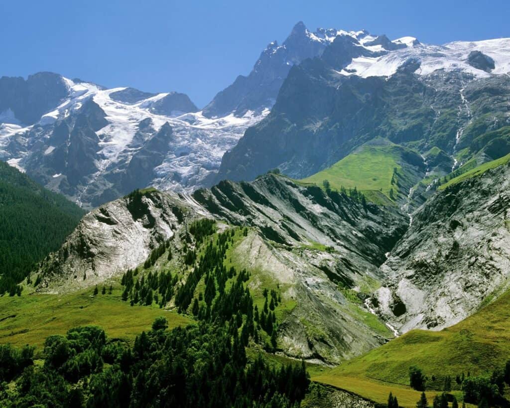 Snowy mountains towering over wooded slopes and green pastures