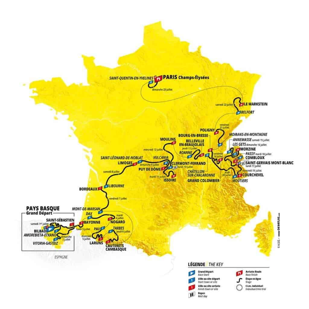 A map showing the route of the Tour de France in 2023