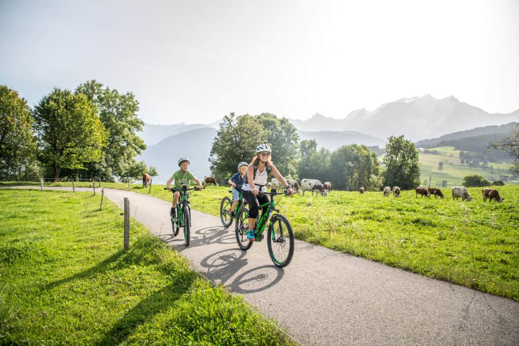 Woman and two kids riding a bike through the green fields.