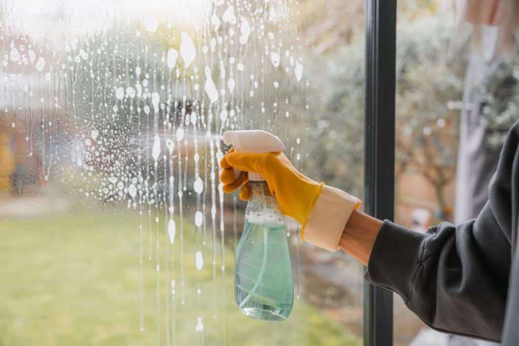 A person wearing a yellow glove sprays cleaning product on a window